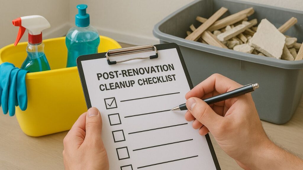a post-renovation cleanup checklist being filled out to keep order