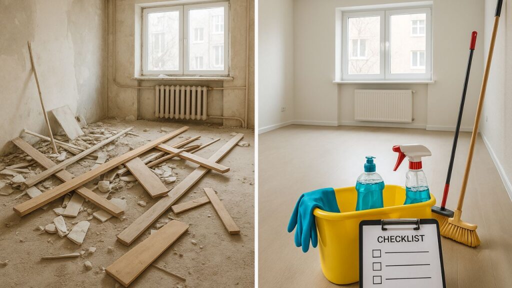 before and after shots of a room with renovation debris on one side and a clean space on the right side, a checklist shows an organised approach to renovation cleanup