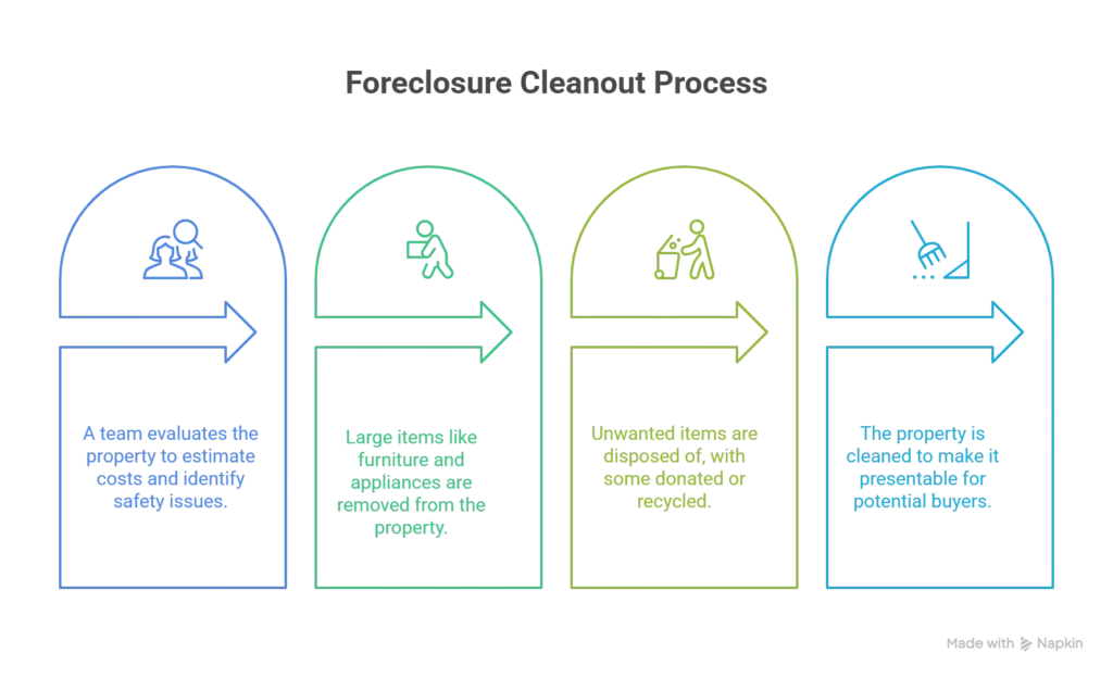 foreclosure process infographic covering evaluation, large item removal, unwanted item disposal and foreclosure property cleanout and making presentable for buyers