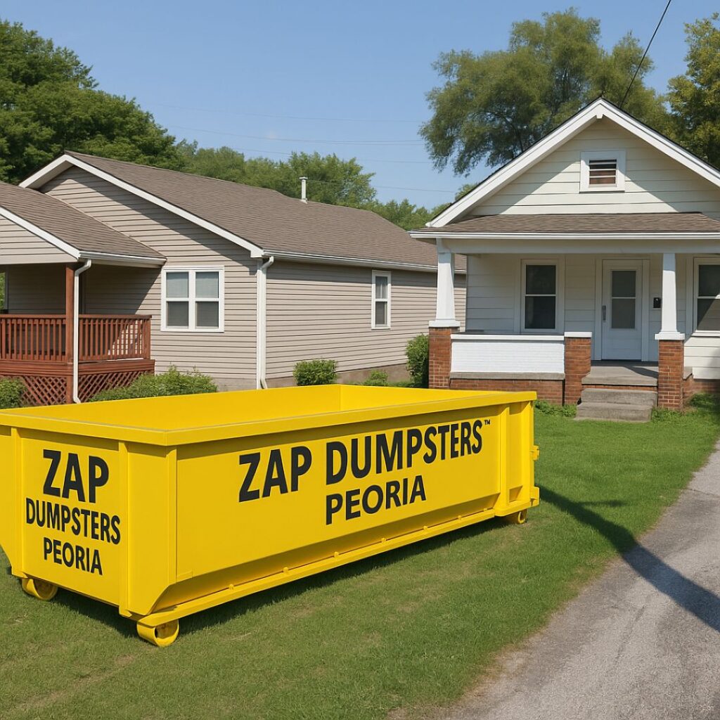 a bright yellow 20 yard dumpster from Zap Dumpsters Peoria sat outside a house for renovation debris management
