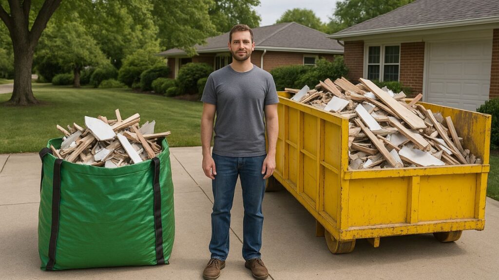 a homeowner weighing u the advantages and disadvantages of a bag dumpster over a roll off dumpster in terms of cost, volume and practicality