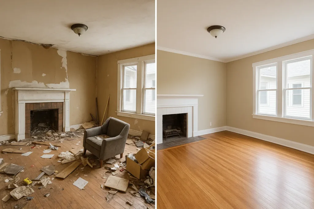 a before and after image showing how cleaning up the foreclosed property and addressing the floor condition dramatically improves the appearance and associated value of the property