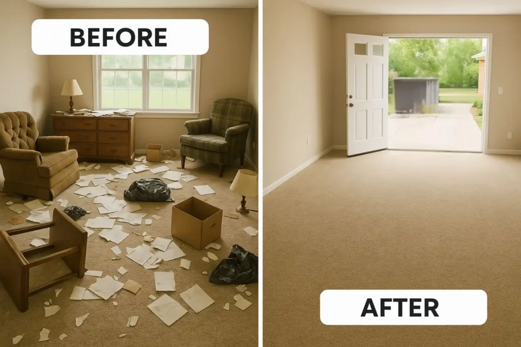 Before and after comparison of foreclosed property showing cluttered abandoned state versus clean market-ready condition after professional cleanout