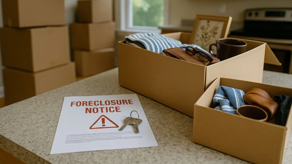Moving boxes and foreclosure paperwork showing homeowner preparing to remove belongings before losing house