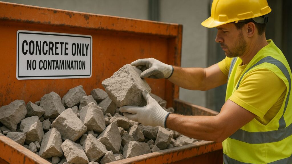 a contractor carefully putting only concrete into a clean-load dumpster