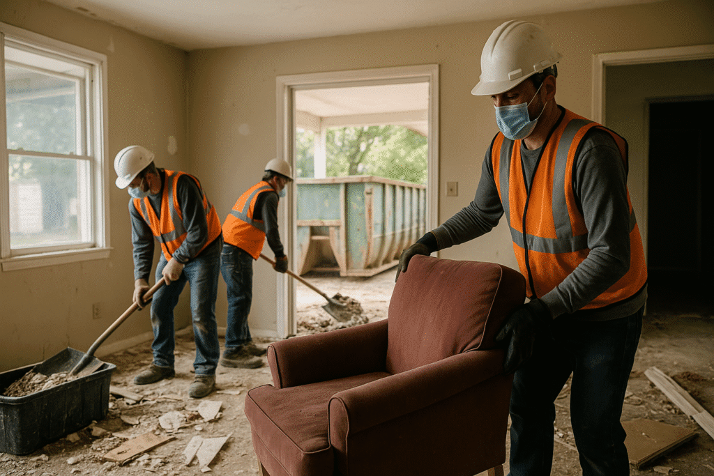 3 contractors in workwear including safety gear cleaning out a foreclosed property for the agents to resell on behalf of the bank