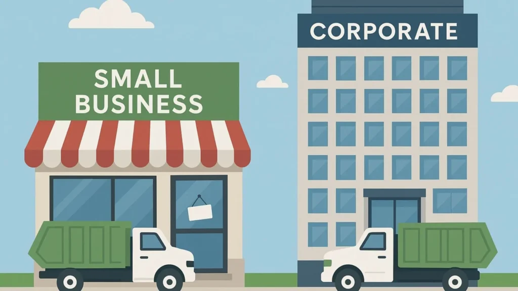 an illustration of considerations of local business dumpster supplier with personalised service against a national chain with corporate efficiency and standard rates, such as Massie Services vs ZTERS