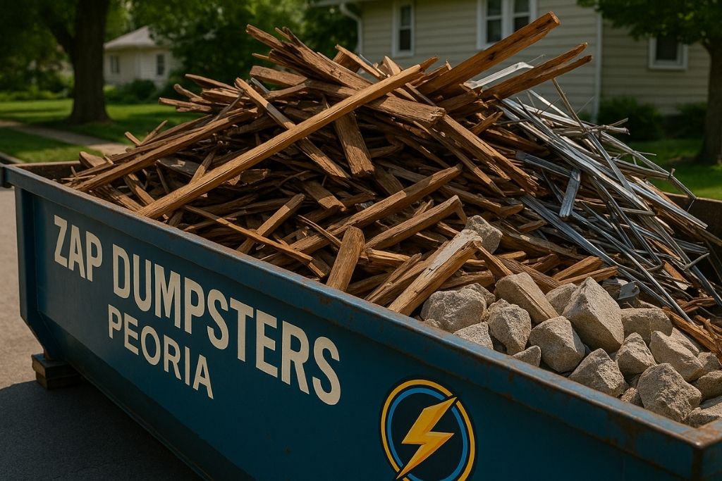 a Zap Dumpsters container loaded with timber and concrete ready for demolition waste removal