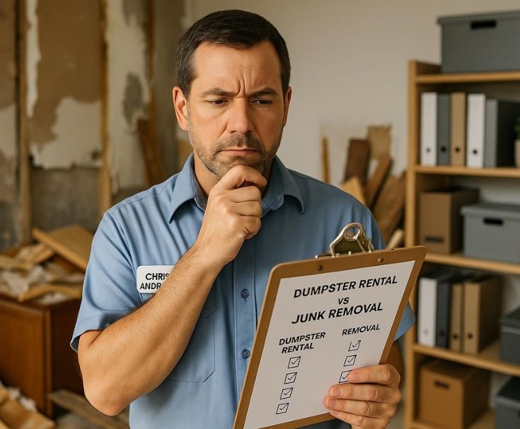 a homeowner looking for renovation removal services and considering the pros and cons of dumpster rental vs junk removal services