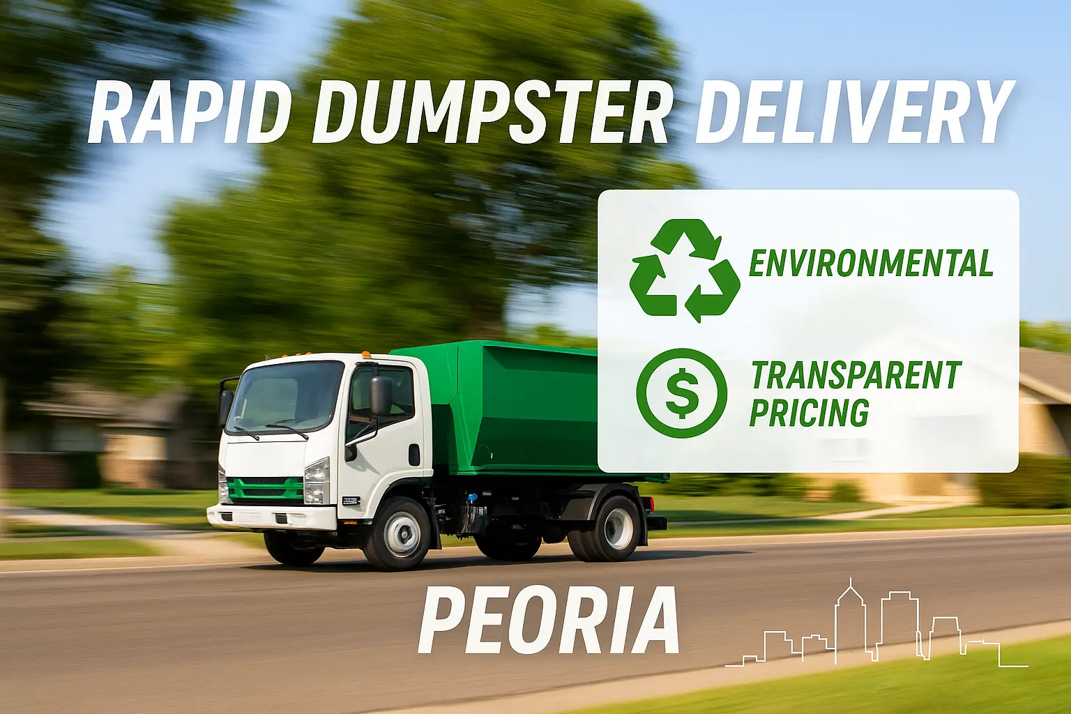 a truck on the highway to deliver waste management services, choosing rapid and environmentally conscientious dumpster services in Peoria IL when selecting between companies like Trash Daddy vs JH Dumpster (now closed)