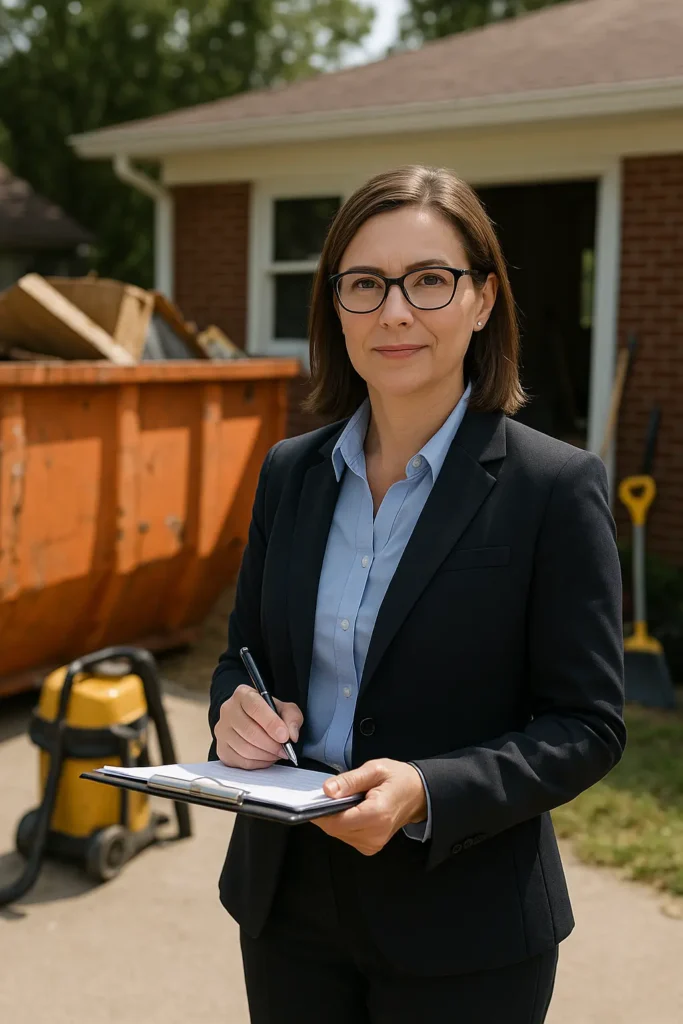 Professional real estate agent in business attire holding a clipboard in front of a foreclosed home being cleaned out, with a large dumpster and cleaning equipment visible in the background on a sunny day.