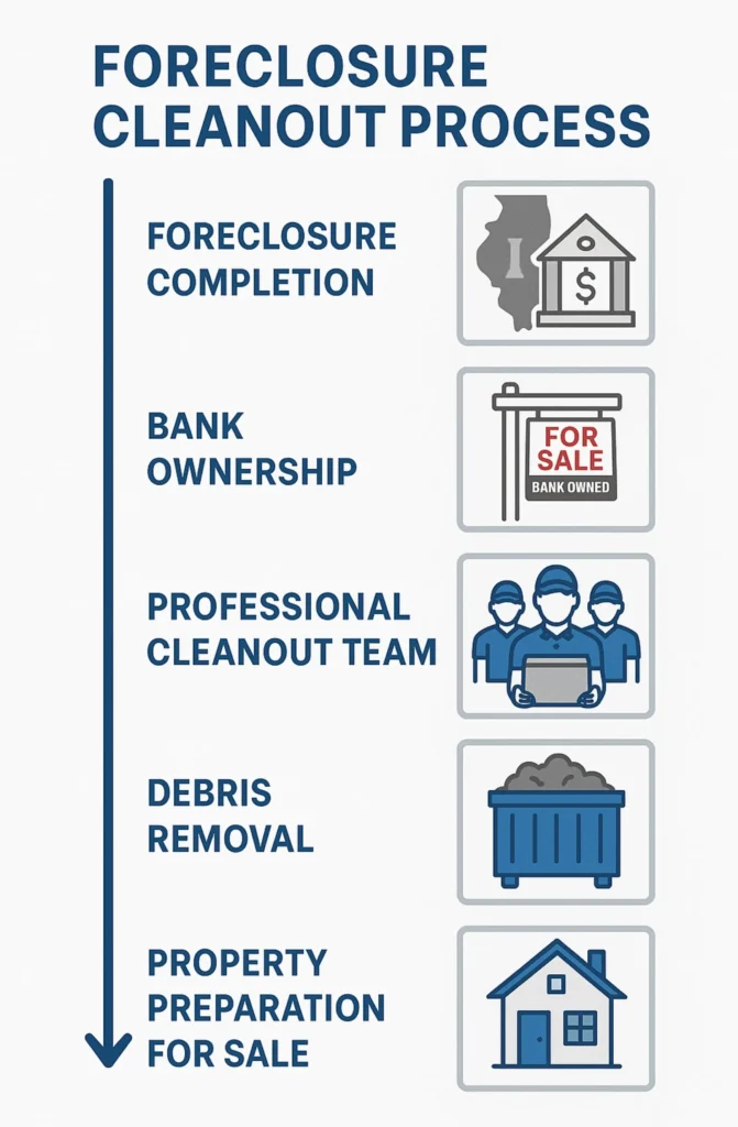 Infographic showing step-by-step foreclosure cleanout process from bank ownership to property cleanup and resale preparation