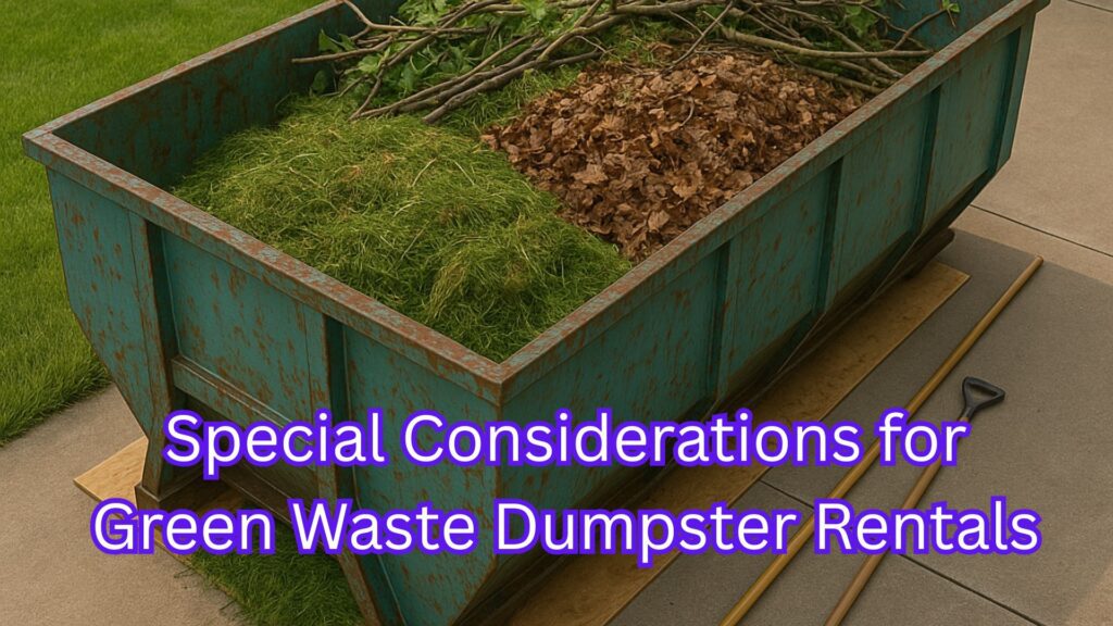 various vegetation types laid out in a green waste dumpster used for yard waste disposal on a rental basis