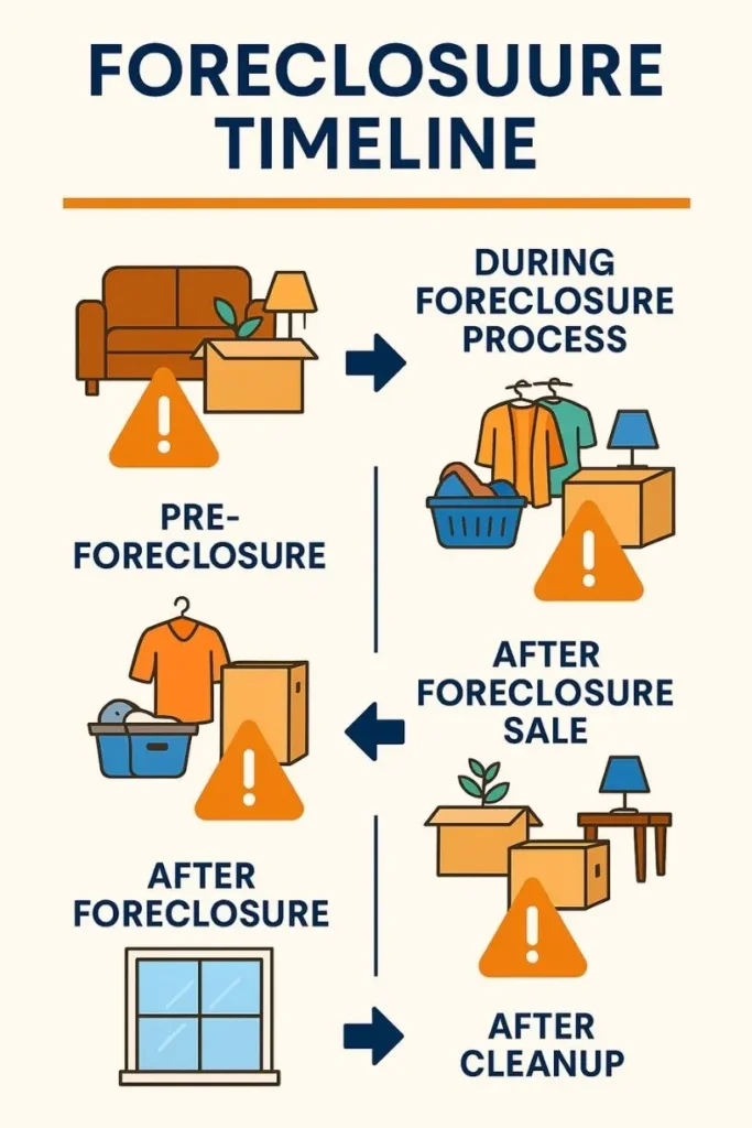 Infographic showing foreclosure timeline and when homeowners lose rights to personal property left in foreclosed houses