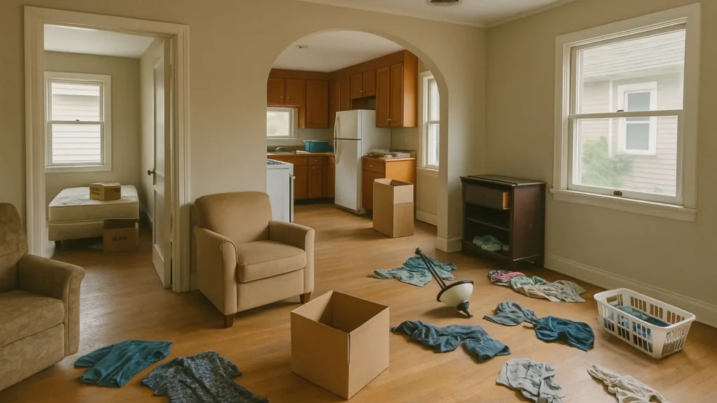 Personal belongings and furniture left behind in empty foreclosed house interior showing typical abandonment scenario