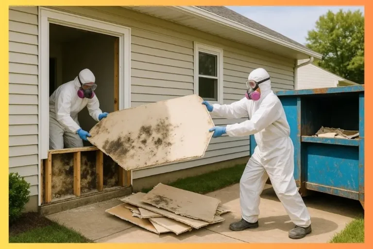 contractors in safety gear with respiratory filter mass remove drywall as part of a mold remediation cleanup to go into a dumpster