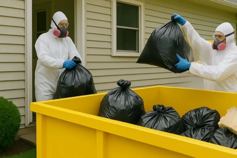 contractors in safety gear place bagged up damp remediation waste into a yellow dumpster