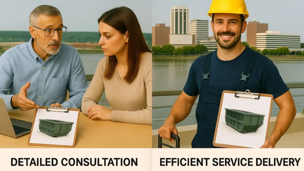 comparing contractors with local personal touch vs national company efficiency for dumpster rentals, Peoria skyline in the background