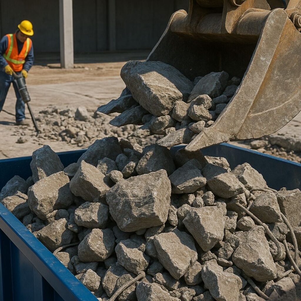 a contractor breaks up concrete with a jackhammer whilst the broken debris is loaded into a suitable size of dumpster by commercial plant equipment
