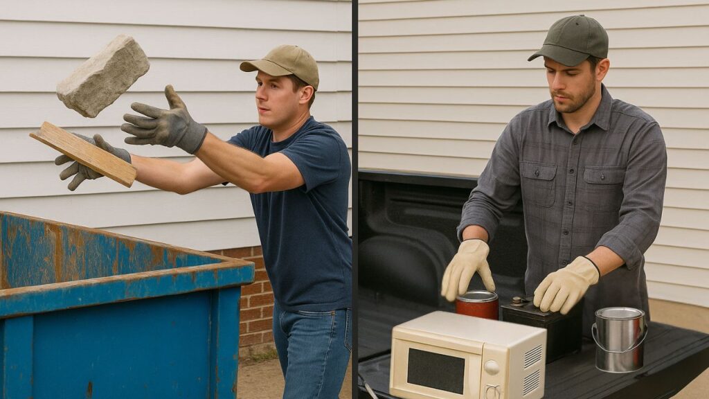 placing construction materials in the dumpster and separating paint and appliances for separate disposal