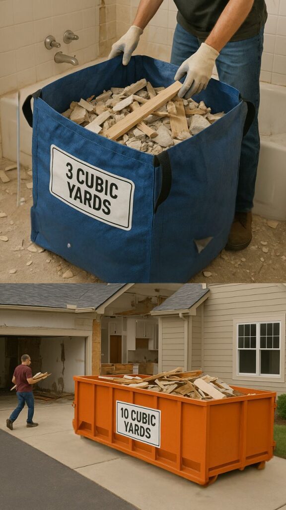 the relative differences between bag dumpsters and roll off dumpsters with a bag dumpster being used inside a bathroom to collect debris at source whilst the roll off sits outside the house to handle larger volumes