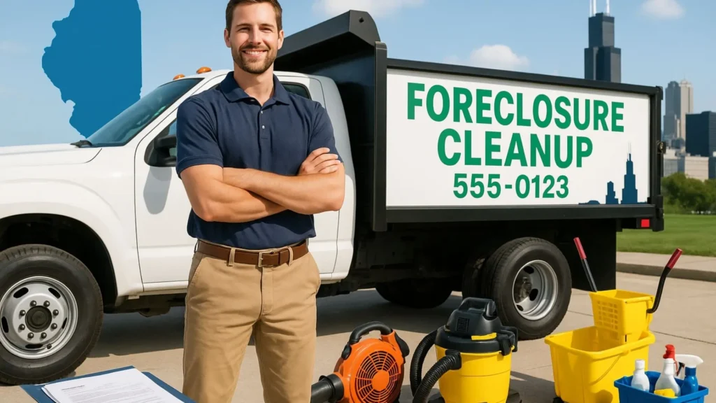 Professional business owner standing confidently next to a foreclosure cleanup truck with cleaning supplies and documents, Chicago skyline and Illinois state outline in background — representing entrepreneurial success and the first steps in how to start a foreclosure cleanup business in Illinois.