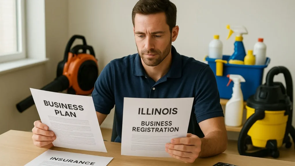 an Illinois business owner registering his interests to meet compliance in starting up with his foreclosure cleanup business