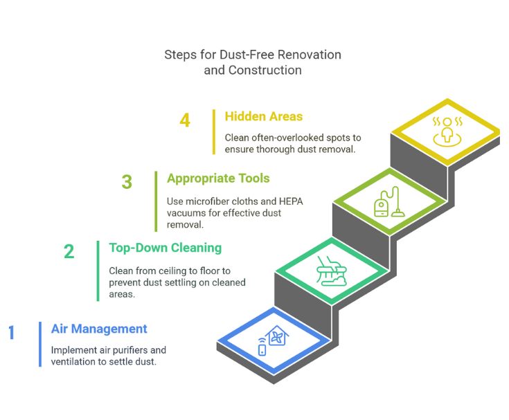 managing construction in a dust free manner through air management, top-down cleaning, the right tools and tackling hidden areas