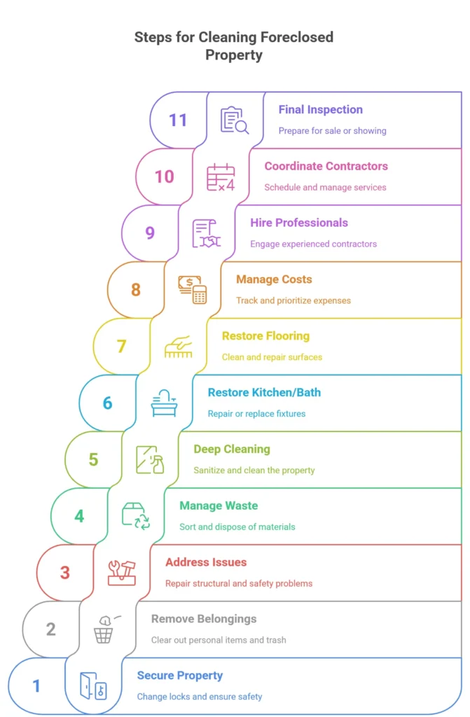 a visual checklist for agents and investors of steps to clean out a foreclosed property