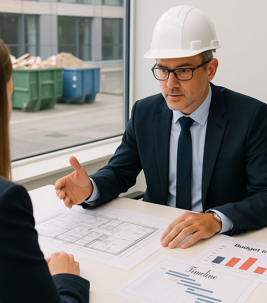 a construction project manager wearing a hardhat in a one on one waste management consultation such as many national firms may not offer when considering local companies like Zap Dumpsters Peoria or the closed JH Dumpster Rentals vs Contractors Disposal and other big firms