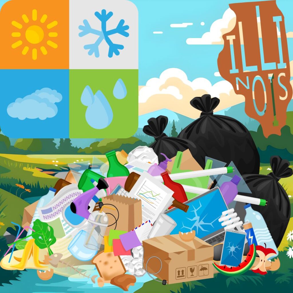 a graphic of the four seasons over an Illinois garbage pile to illustrate weather effects on renovation debris removal