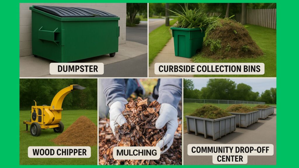 5 safe ways to dispose of yard waste through wood chipper, mulching, curbside collection bins, dumpsters and community drop-off centers