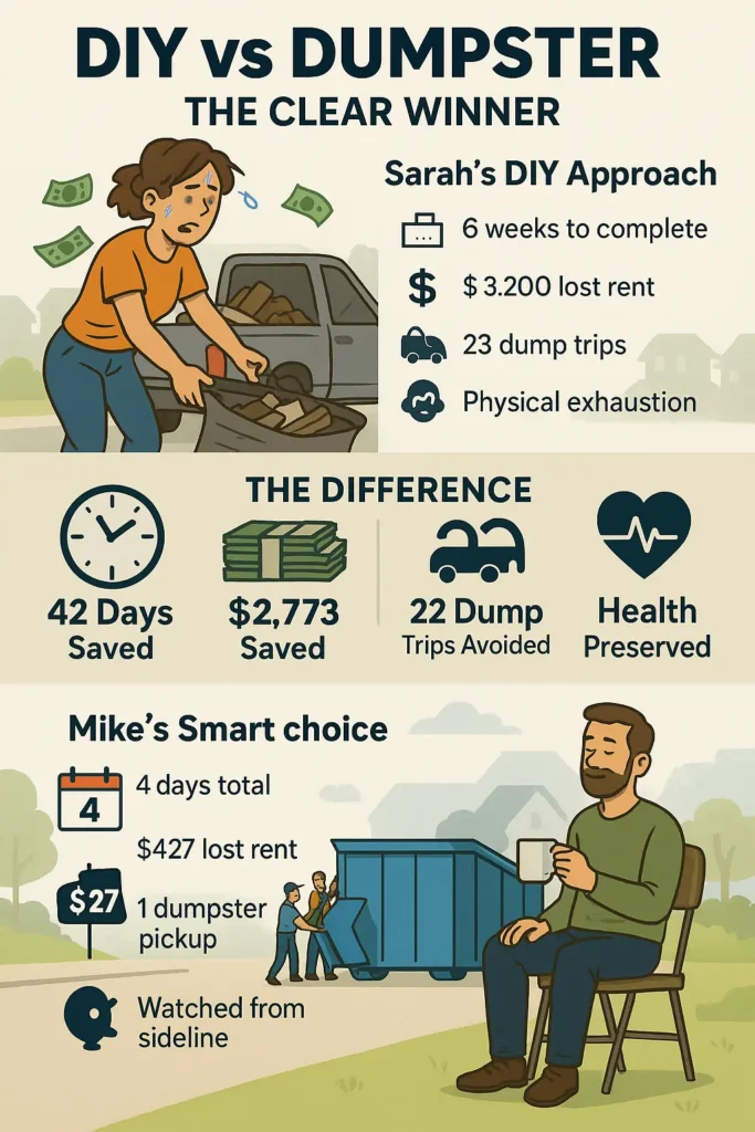 an infographic of a lady manually clearing her rental apartment bag by bag with multiple tip runs vs a guy who rented a dumpster to optimise the logistics and minimise big picture costs and stress, thereby demonstrating how the choice you make to get a clean apartment after bad tenant has left can have massive impacts for landlords