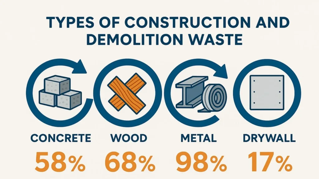 an infographic showing different types of C&D waste such as concrete, wood, metal and drywall