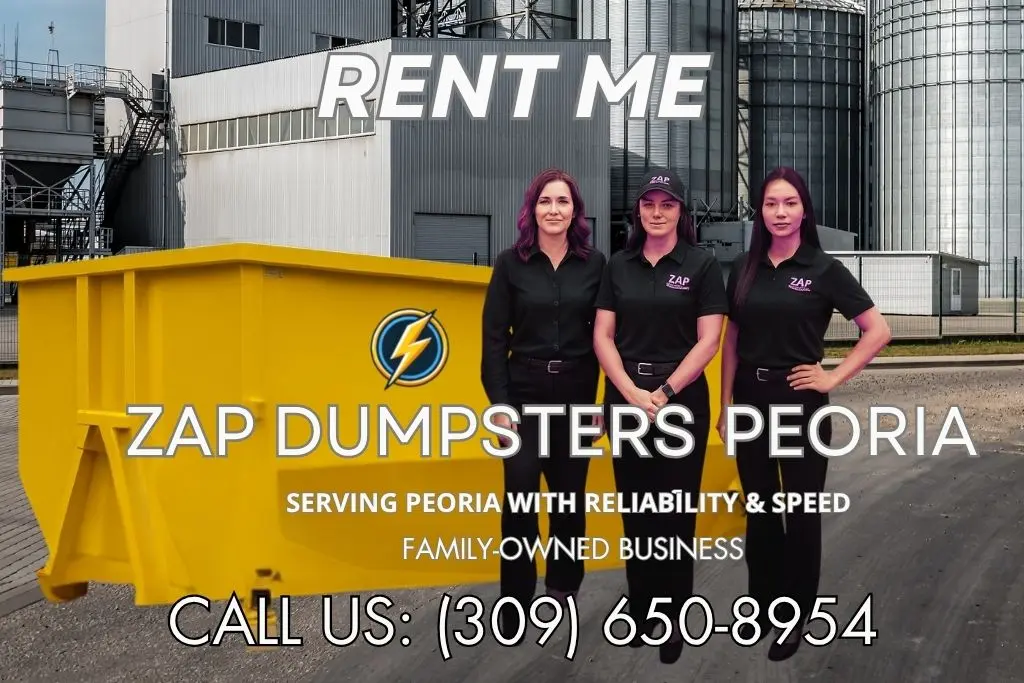 Zap Dumpsters Peoria customer service team with a yellow industrial dumpster rentals solution in front of a large industrial plant location