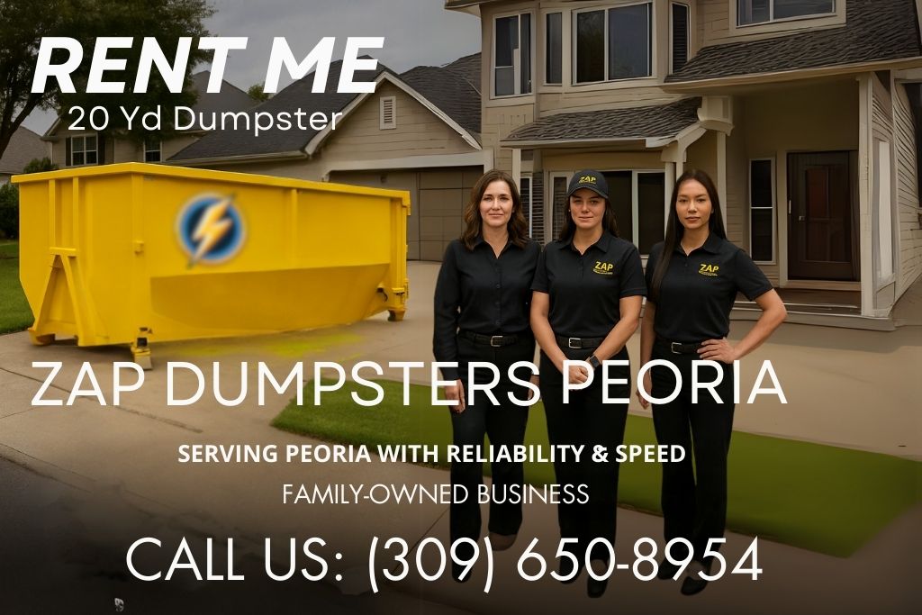 contractor team n front of a yellow 20 yard roll off dumpster and contact information for Zap Dumpsters Peoria on (309) 650-8954