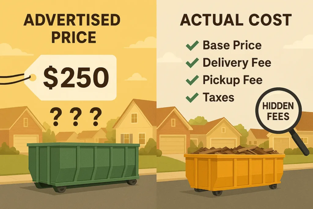 Split-screen image showing 'advertised price vs actual cost' concept to prompt readers to consider the real meaning of cheap roll off dumpster Peoria IL.. Left side shows low price tag with question marks, right side shows transparent pricing breakdown with checkmarks. Center features roll-off dumpster with Peoria, Illinois residential neighborhood in background.