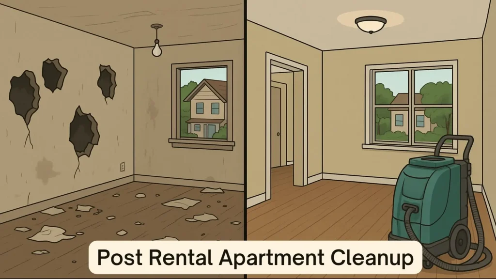 split-screen image showing apartment cleanup transformation. Left side: damaged apartment with holes in walls, stains, and debris scattered around. Right side: same space completely restored with fresh paint, clean floors, and move-in ready condition. Representing how to Clean Apartment After Bad Tenant