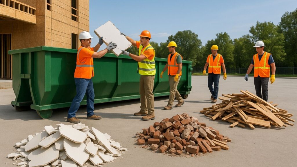 a clean construction site with a large roll-off dumpster properly positioned, workers operating the best way to dispose of construction debris by putting it in an organized manner, separated material piles for recycling