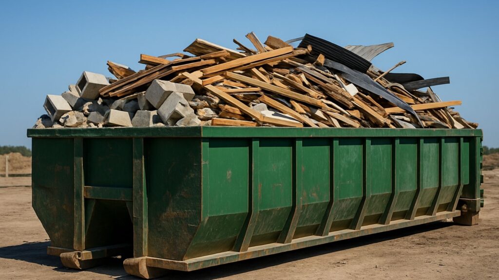 a dumpster with a wide range of different debris types to help illustrate what is construction and demolition waste