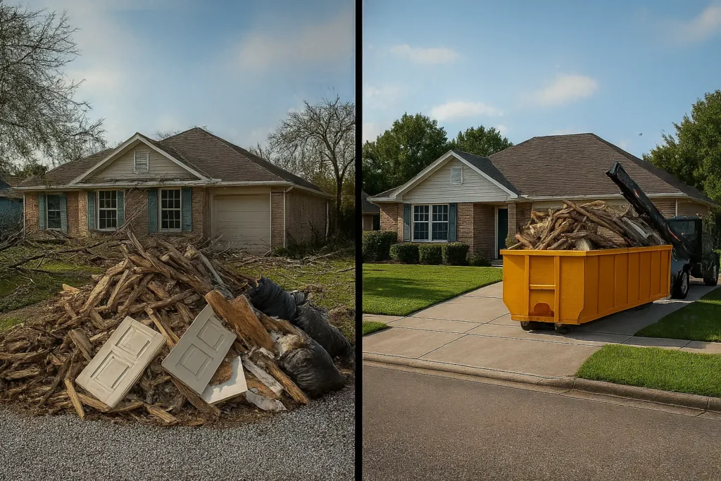 a split image showing the contrast between a household awaiting city collection of its storm damage waste vs a household who rented a dumpster to get it cleaned up quickly