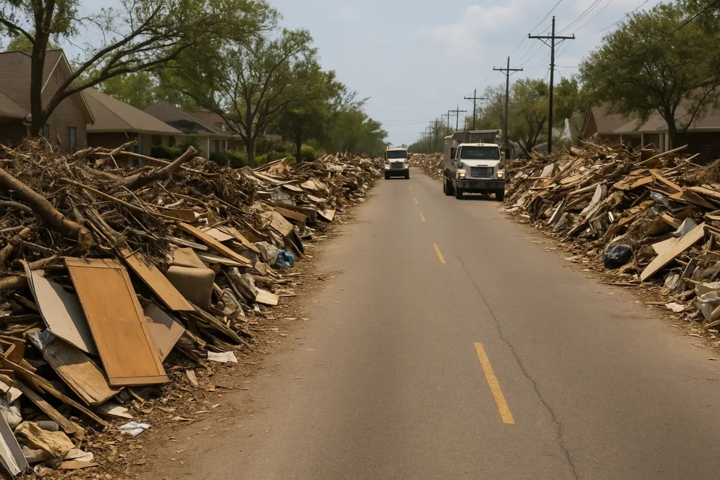 city waste collection trucks in the street with massive backlogs in the hurricane debris pickup schedule, necessitating dumpster rental in Peoria for residents who want swift clearance
