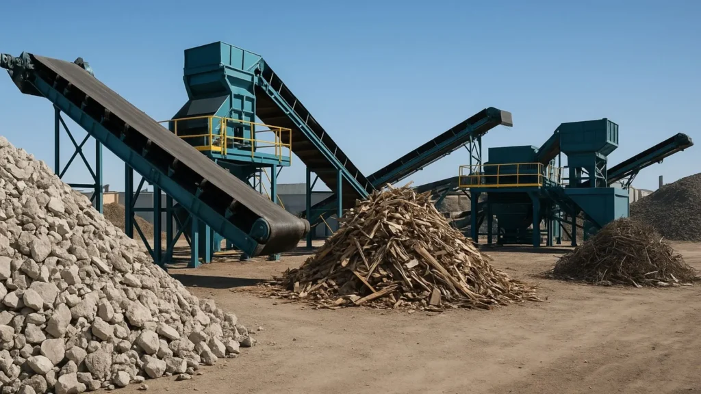 a junk processing facility showing segregation of different construction and demolition waste types for onward processing