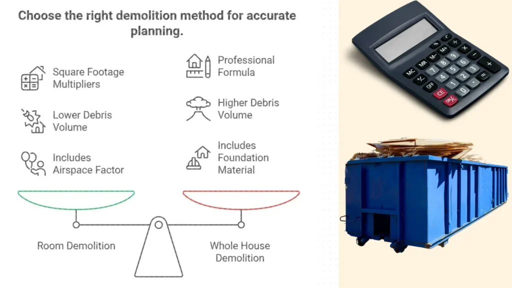 differences between whole room and whole house debris volumes when wondering how to calculate construction and demolition waste
