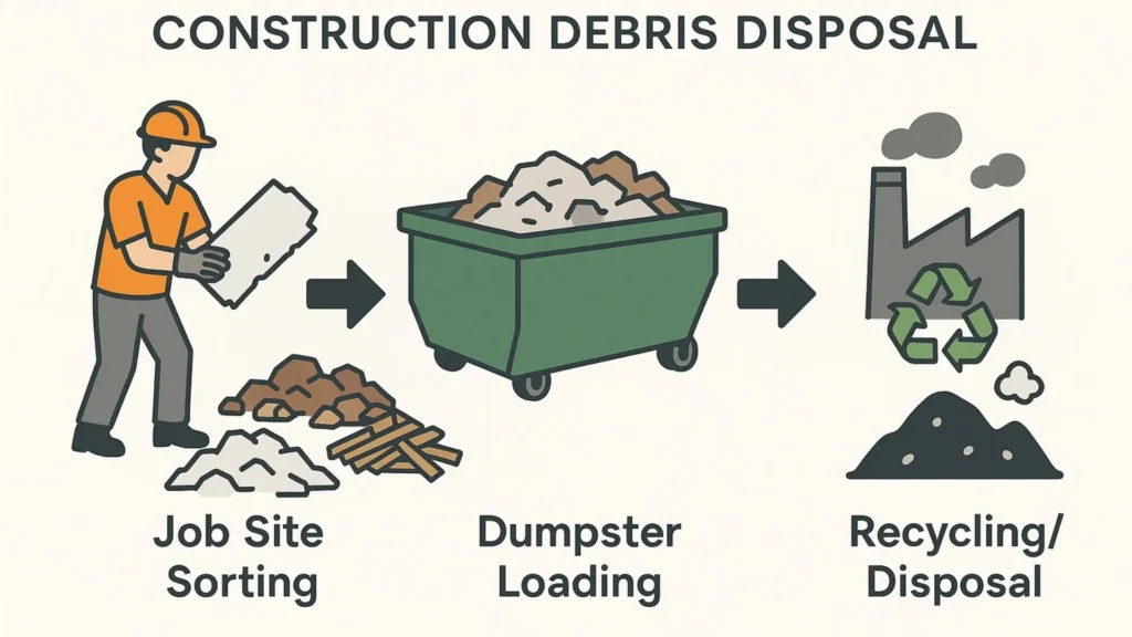 infographic-style image showing the construction debris disposal process - from job site sorting to dumpster loading to final recycling/disposal destinations