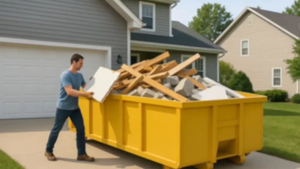 a homeowner carrying out construction debris removal from his yard by putting it into a yellow 20 yard roll off dumpster rental