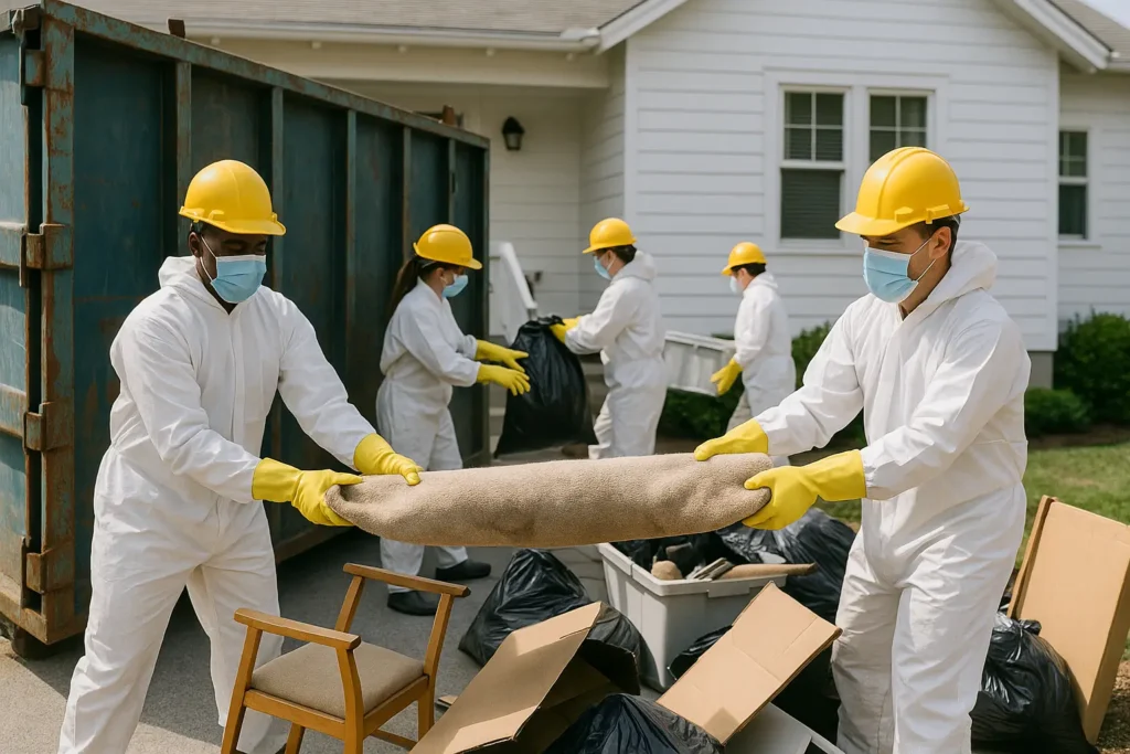 a group of contractor workers removing waste from a rental property as part of an organised tenant cleanup