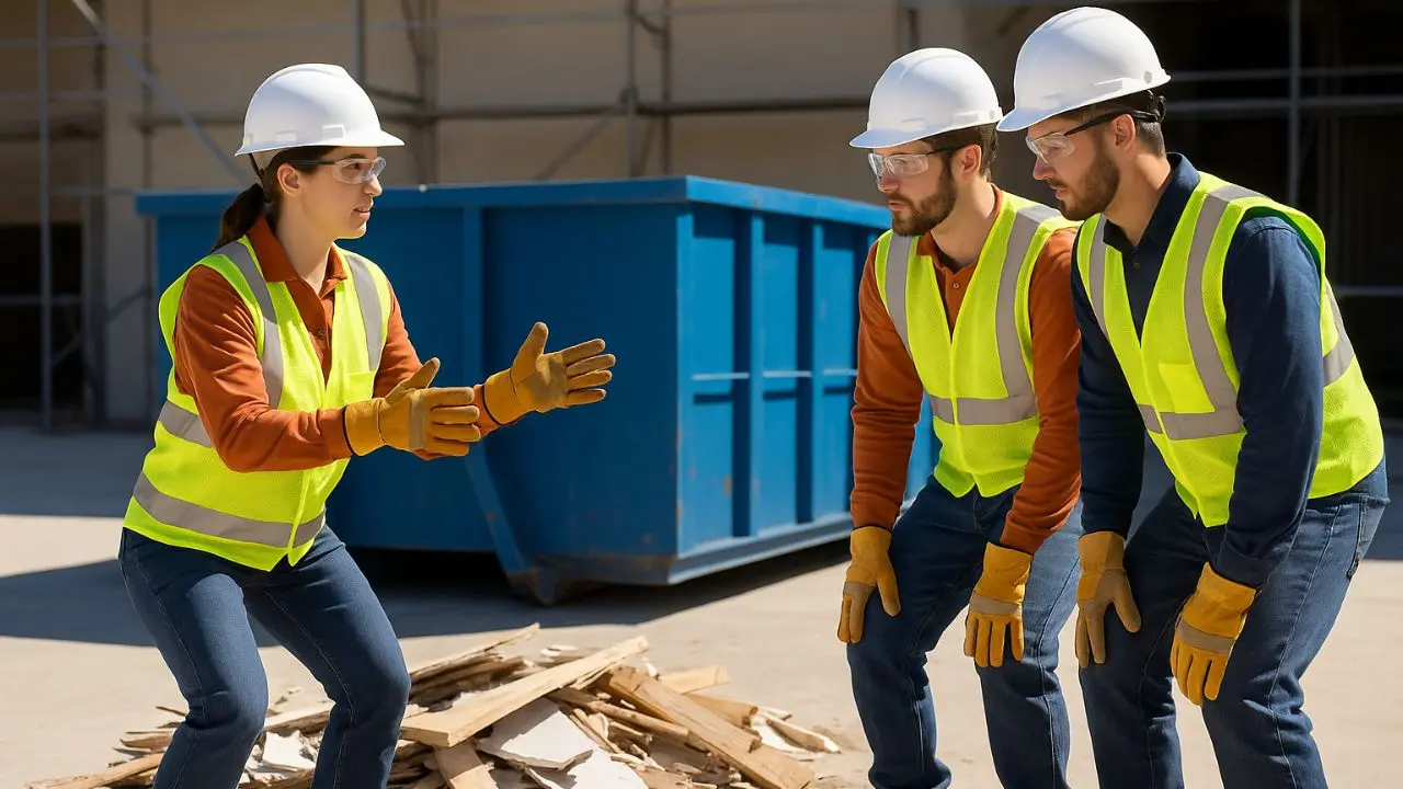 a contractor instructs her colleagues on best practice around Safety Tips for Loading 20-Yard Dumpsters. They stand in workwear with knees slightly bent and a straight back whilst focussing on keeping the weight close to their bodies