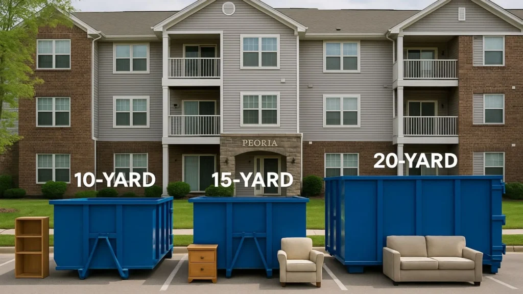 three different sized blue roll-off dumpsters (10-yard, 15-yard, and 20-yard) positioned side by side in front of a typical Peoria apartment complex. Include size measurement labels and apartment furniture/belongings visible near each container to show scale and to help decide what size dumpster for apartment cleanout