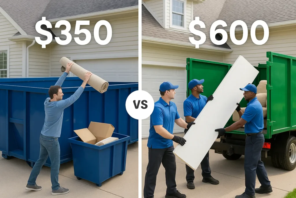 a homeowner loading items into a blue roll-off dumpster on the left side, and a uniformed junk removal team loading a truck on the right side. Indicative prices show a comparison between costs of rental of a dumpster vs hiring a specialist junk removal team